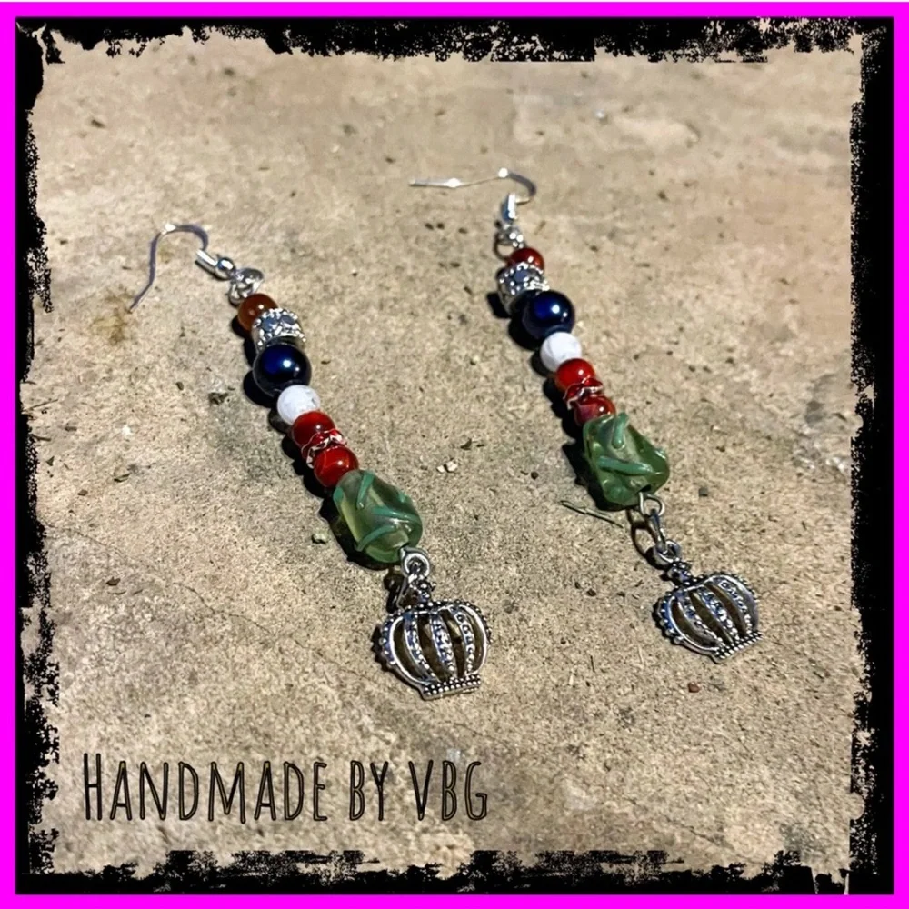 New Handmade Sterling Silver Queen Green Blue & Red Dangle OOAK Earrings